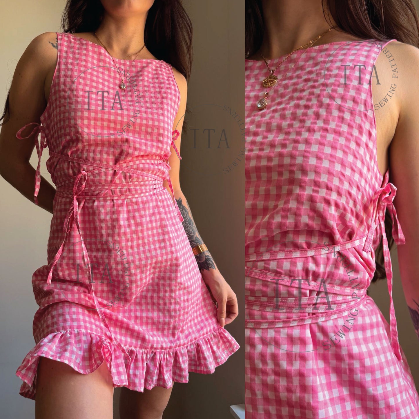Pink gingham dress with 'ITA' branding on a neutral background