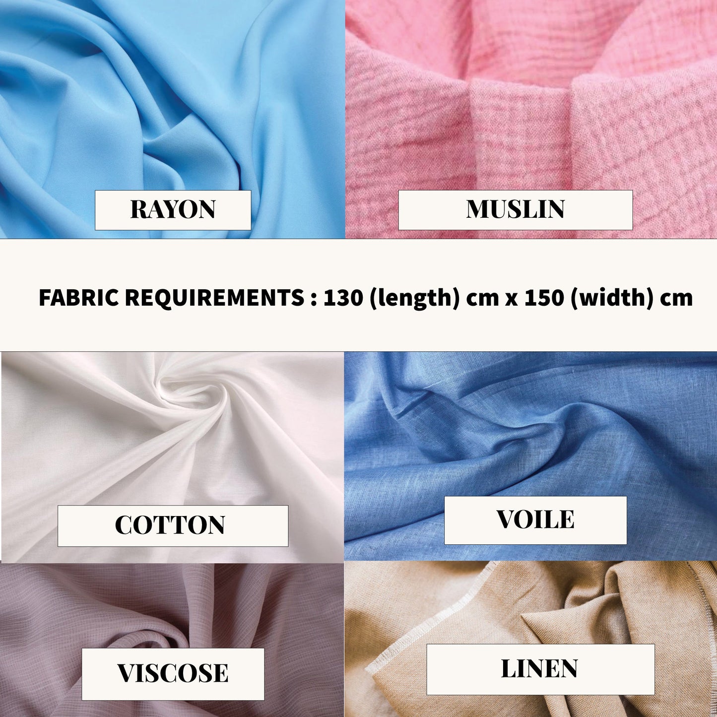 Fabric types including rayon, muslin, cotton, voile, viscose, and linen with their respective labels.