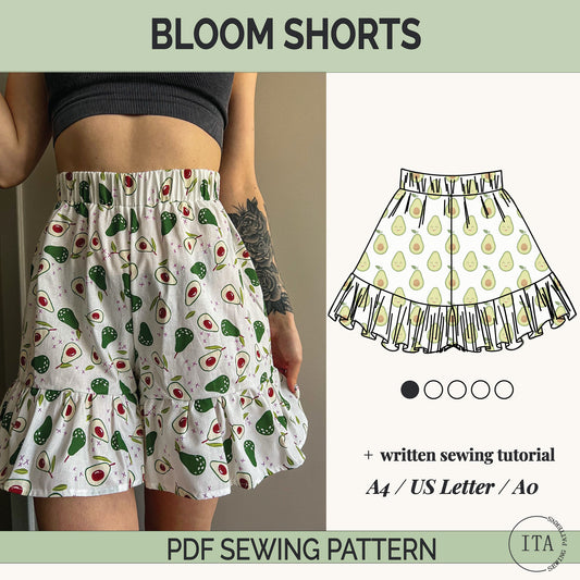 Avocado-patterned bloom shorts with a sewing pattern illustration and text about a written sewing tutorial.
