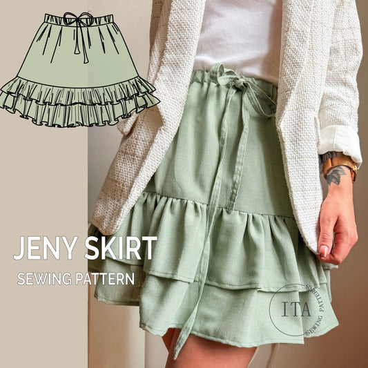 A beginner sewing pattern cover for the Jeny Skirt, showing a woman wearing a handmade sage green tiered mini skirt with a ruffle hem and elastic tie waist, paired with a technical flat sketch of the garment design.