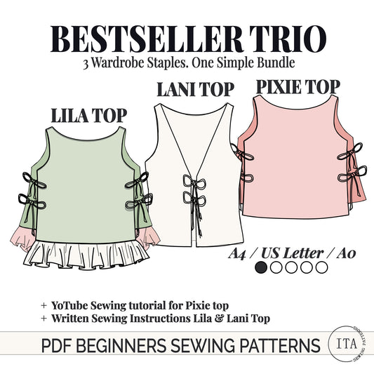 Digital sewing pattern files in A4, US Letter, and A0 copy shop sizes with written instructions.