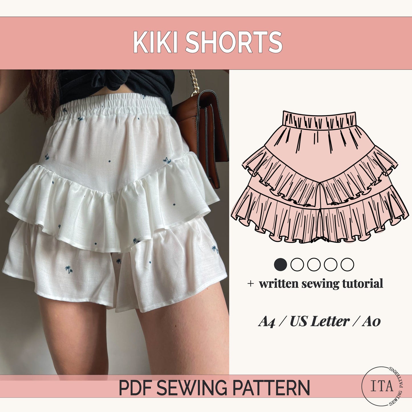 Kiki shorts with a sewing pattern illustration and text about a PDF sewing pattern.