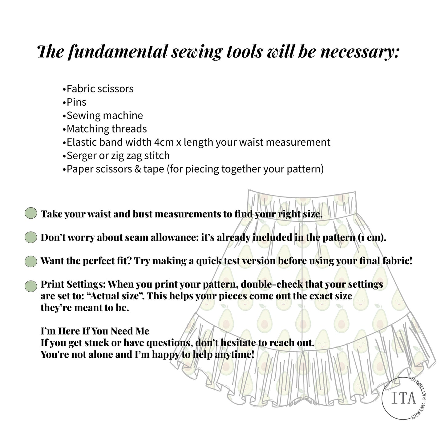 List of fundamental sewing tools with a skirt pattern on a white background