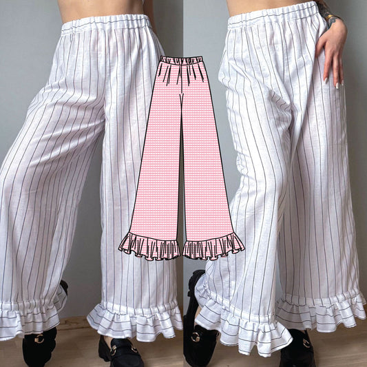 White pinstripe pants with ruffle hem worn by a person, with a pink checkered pant illustration in the center.