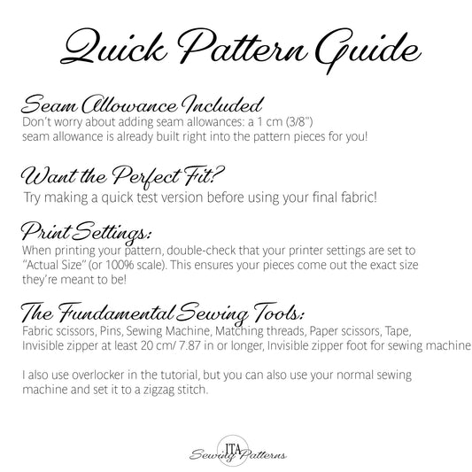A digital graphic titled 'Quick Pattern Guide' with black text on a white background, explaining sewing pattern allowances, print settings, and the fundamental sewing tools needed for making a pattern.