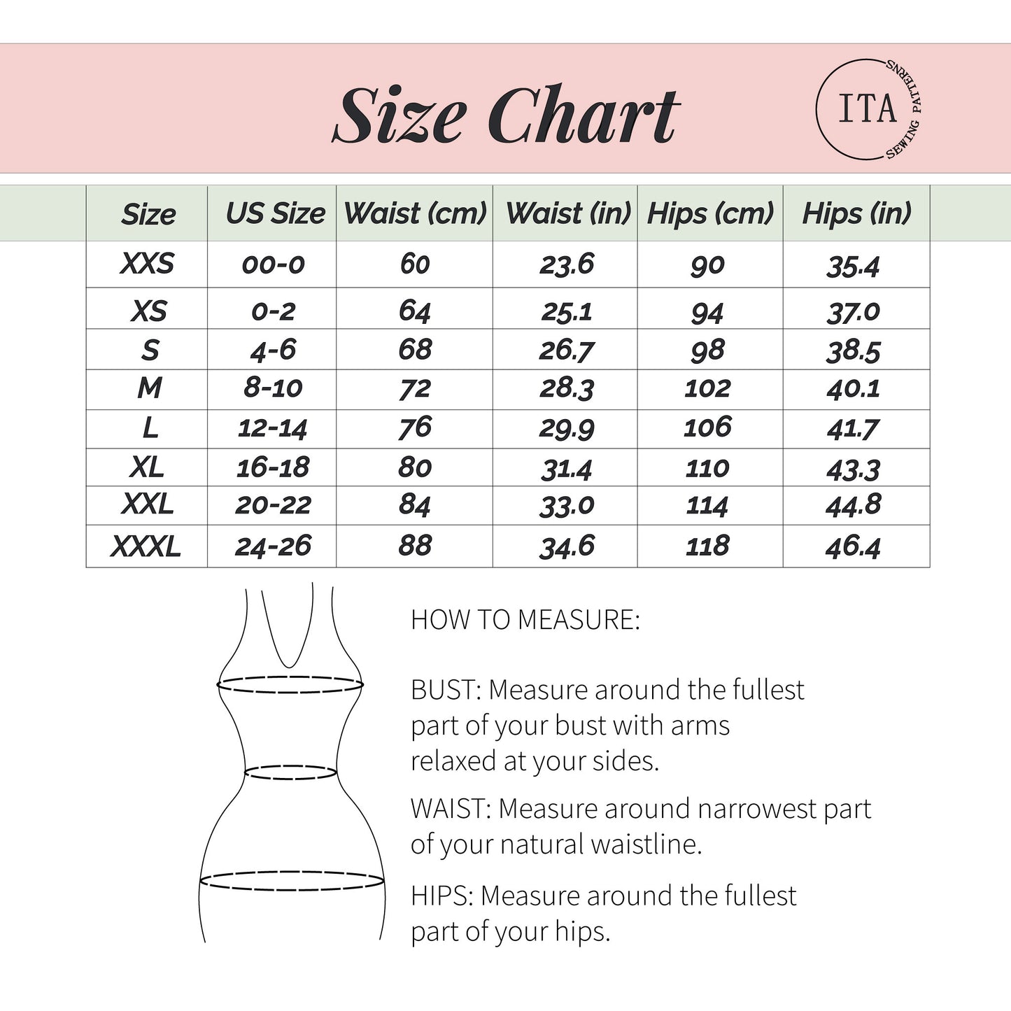 Size chart for women's clothing with measurements in centimeters and inches, and a diagram on how to measure bust, waist, and hips.