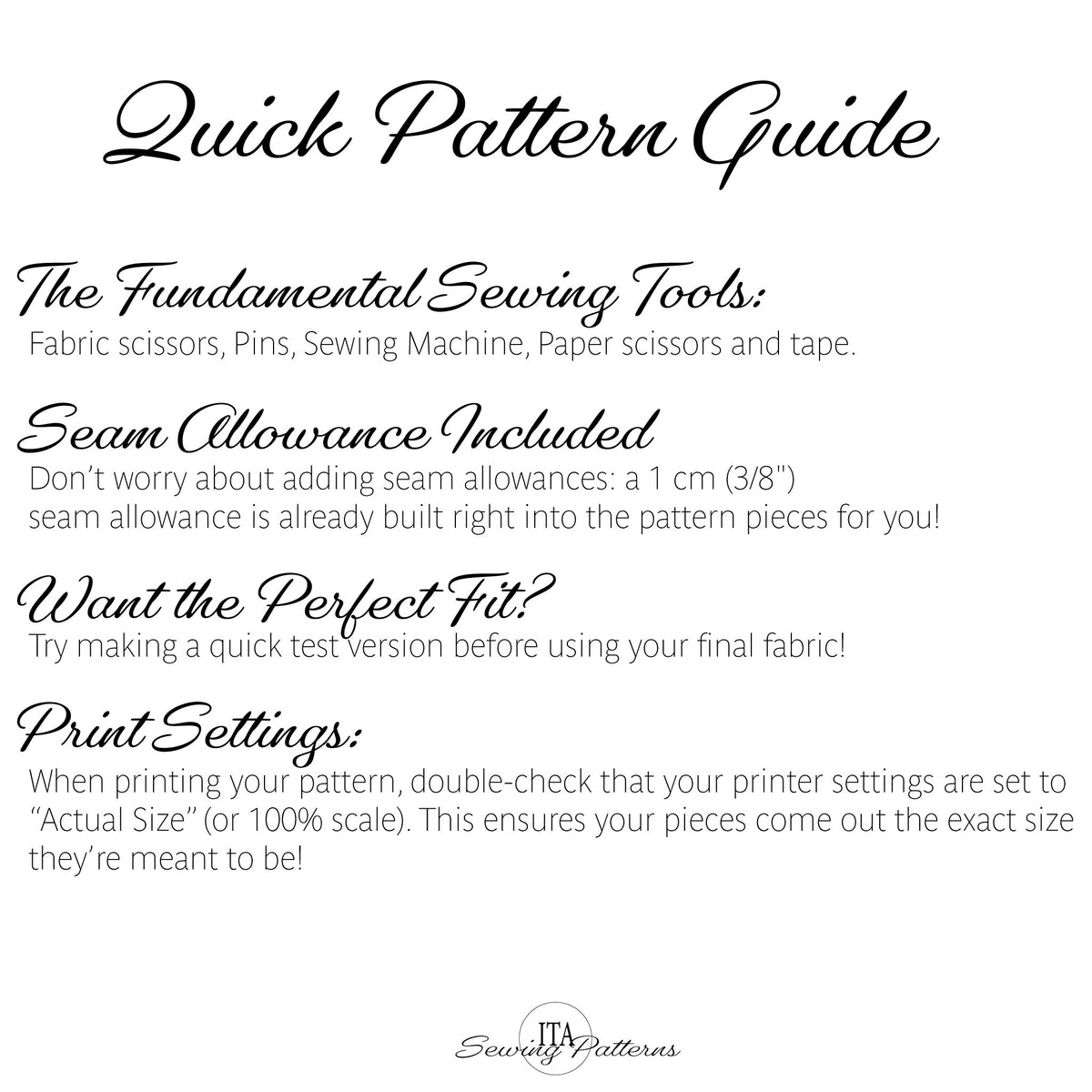 A digital graphic titled 'Quick Pattern Guide' with black text on a white background, explaining sewing tools, seam allowance, and print settings. The brand name 'Seamless Patterns' is visible at the bottom.
