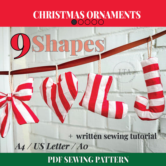 Cover image of Christmas ornament sewing pattern showing nine festive shapes in red and white fabric with PDF sewing details