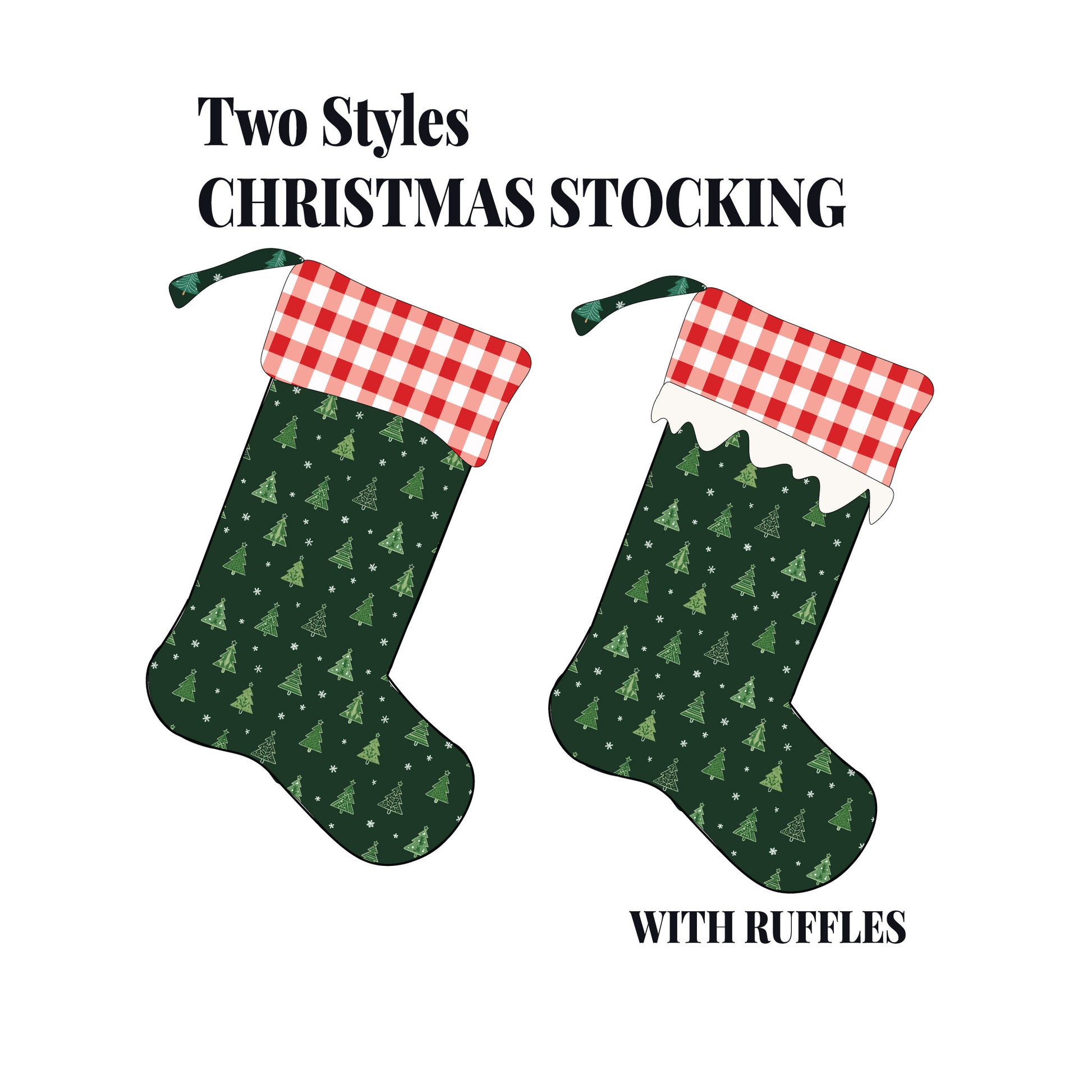 Christmas stocking sewing pattern with two styles, plain and ruffled stockings illustrated on a white background.