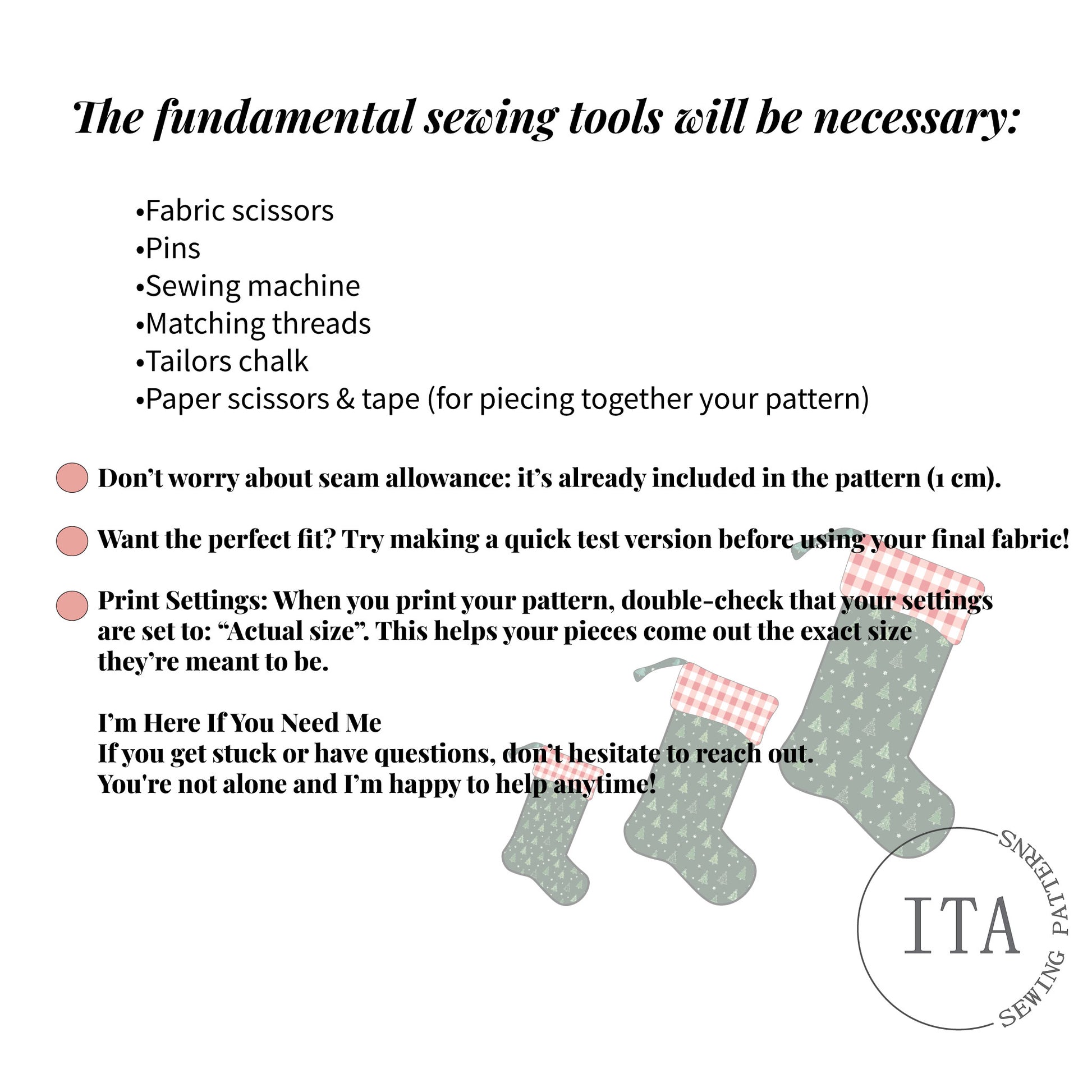 List of essential sewing tools and printing tips needed to make the Christmas stocking sewing pattern.