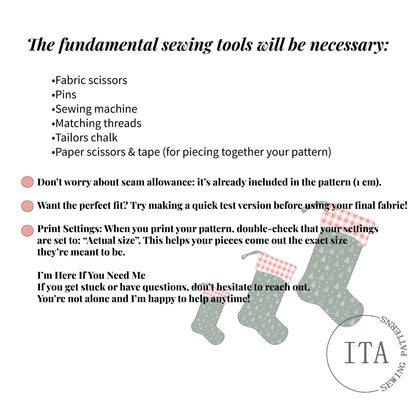 List of essential sewing tools and printing tips needed to make the Christmas stocking sewing pattern.