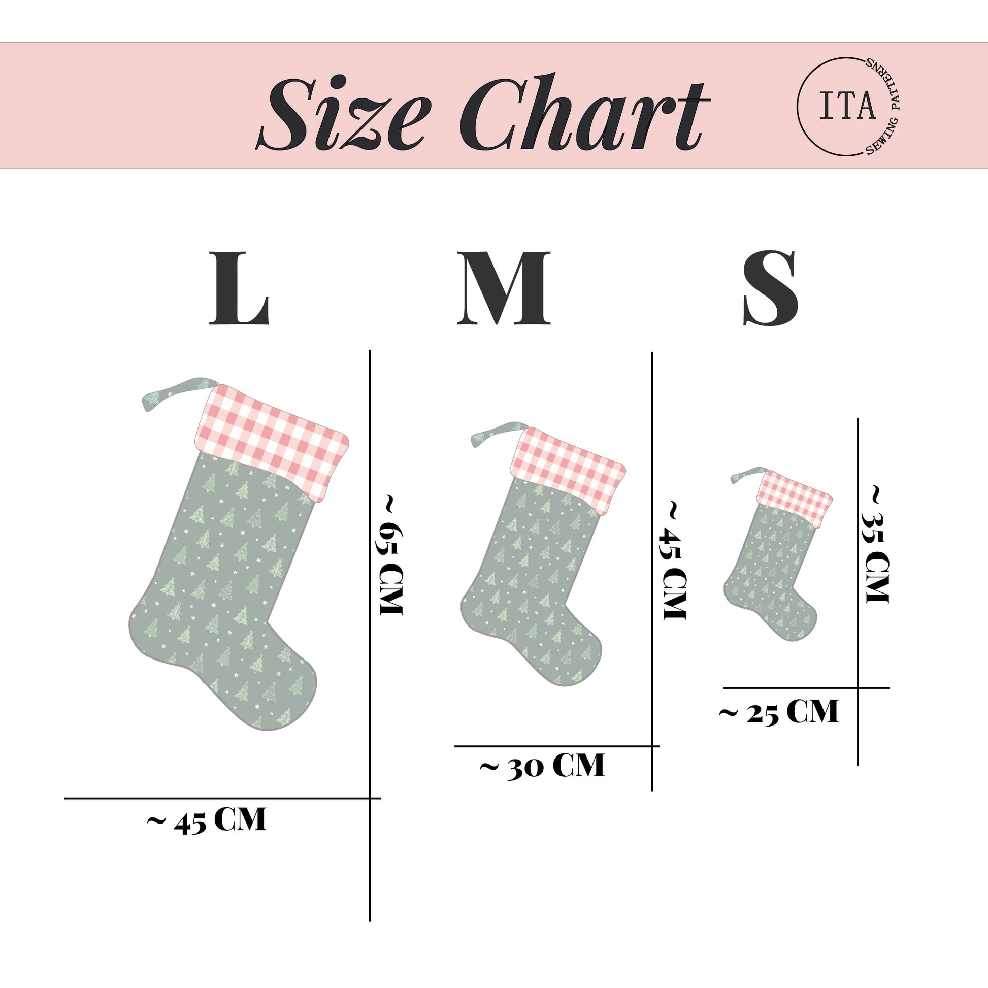 Size chart for Christmas stocking sewing pattern showing small, medium, and large stocking measurements.