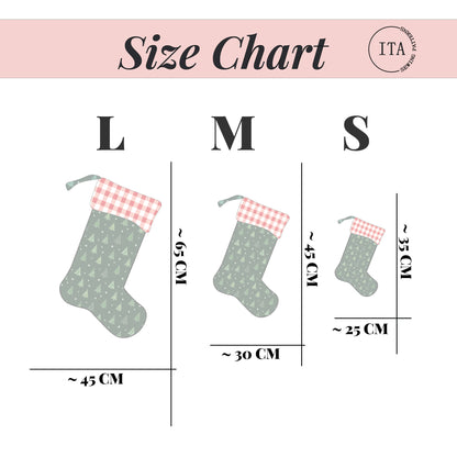Size chart for Christmas stocking sewing pattern showing small, medium, and large stocking measurements.