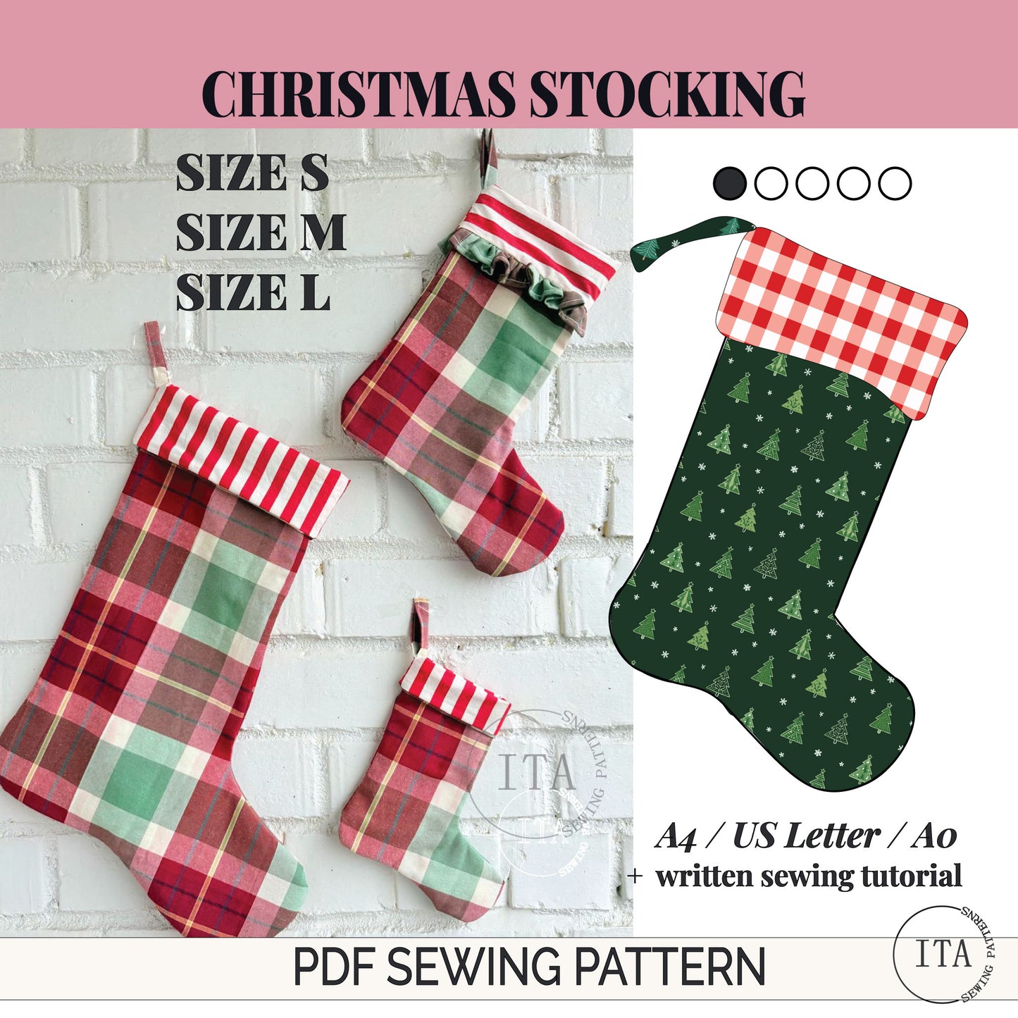 Christmas stocking sewing pattern showing three sizes with finished plaid stockings and illustrated stocking design.
