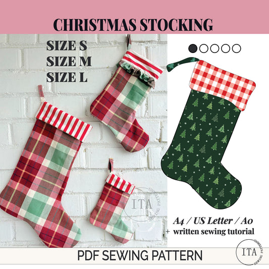 Christmas stocking sewing pattern showing three sizes with finished plaid stockings and illustrated stocking design.