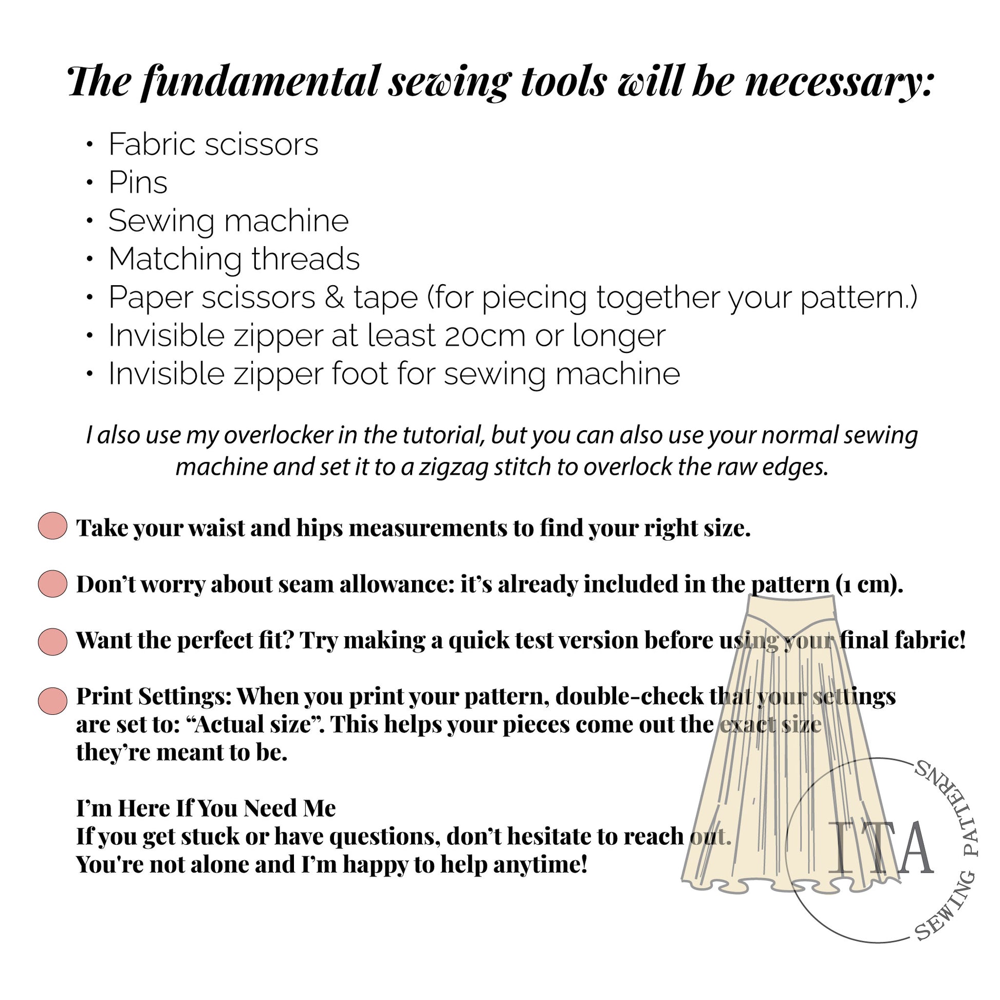 List of fundamental sewing tools needed to sew the Dew maxi skirt sewing pattern, including scissors, pins, sewing machine, threads and invisible zipper