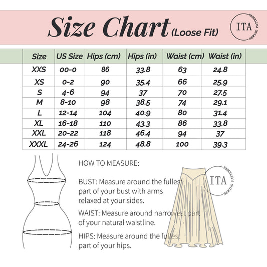 Dew maxi skirt size chart showing waist and hips measurements for loose fit.