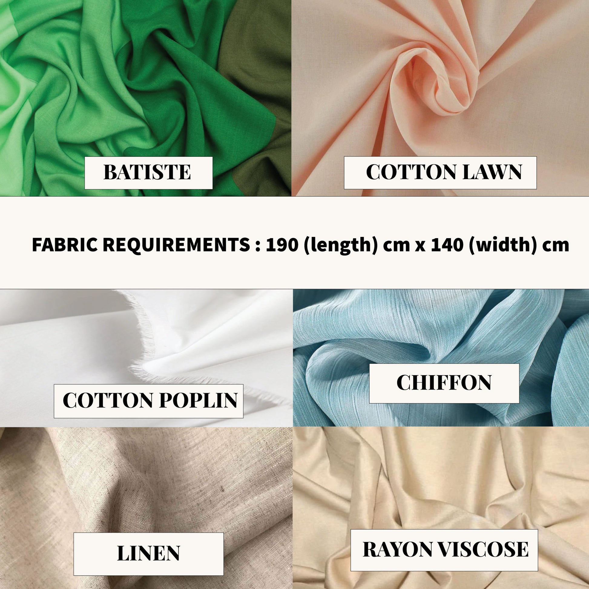 Fabric swatches with labels for Batiste, Cotton Lawn, Cotton Poplin, Chiffon, Linen, and Rayon Viscose, along with fabric requirements.