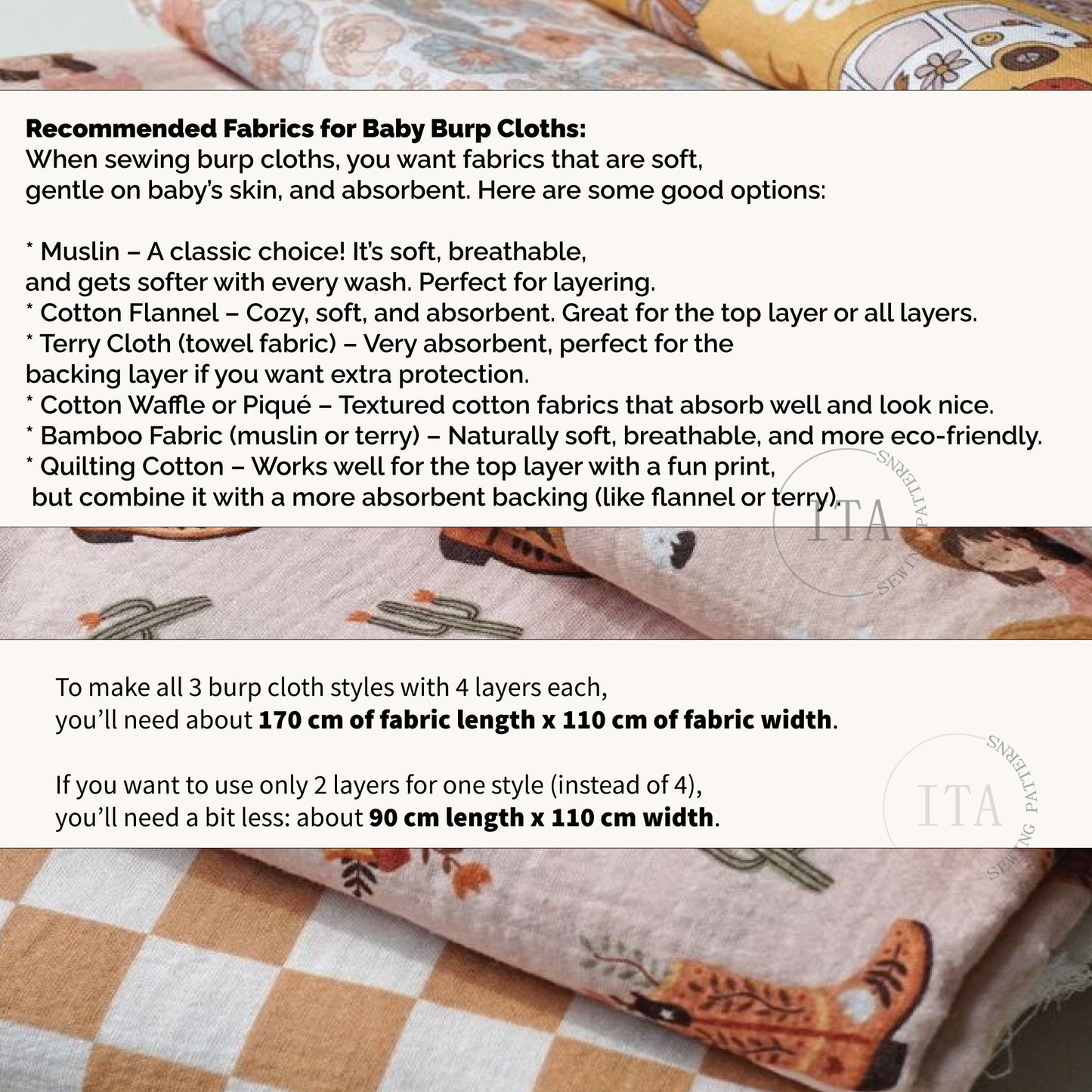 Text on recommended fabrics for baby burp cloths with fabric samples in the background.