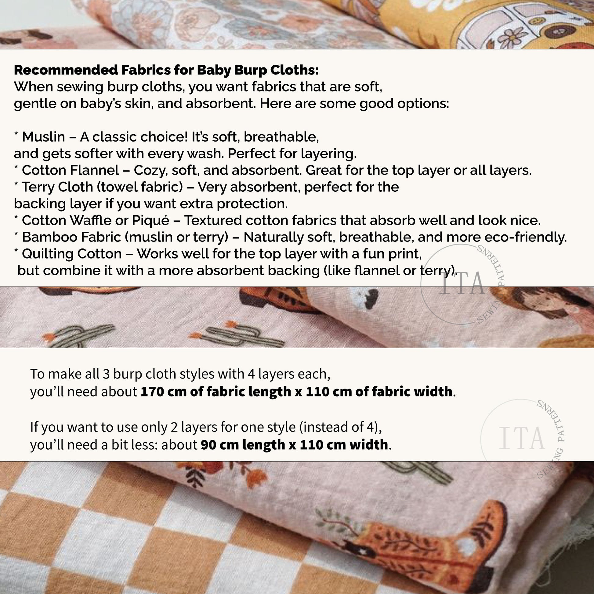 Text on recommended fabrics for baby burp cloths with fabric samples in the background.