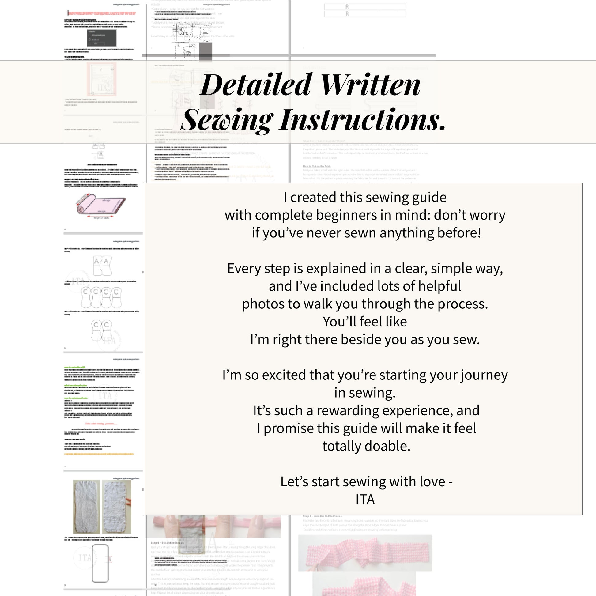 Sewing guide with text and images on a white background