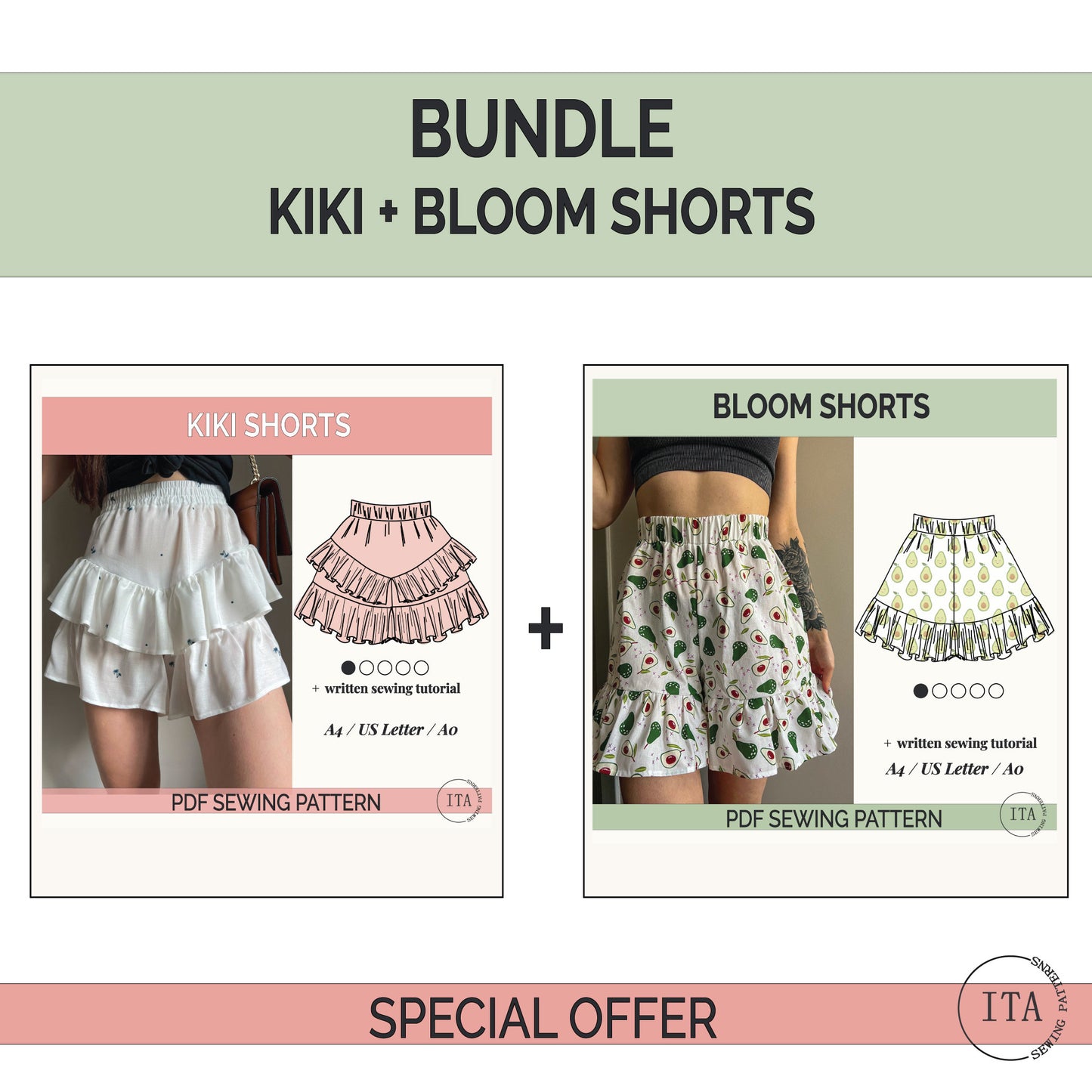 Bundle of Kiki and Bloom shorts sewing patterns with images and text on a white background.