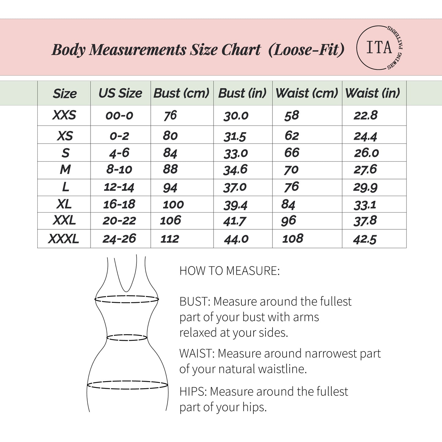 Body measurements size chart for the Lani front tie top sewing pattern with bust and waist measurements from XXS to XXXL