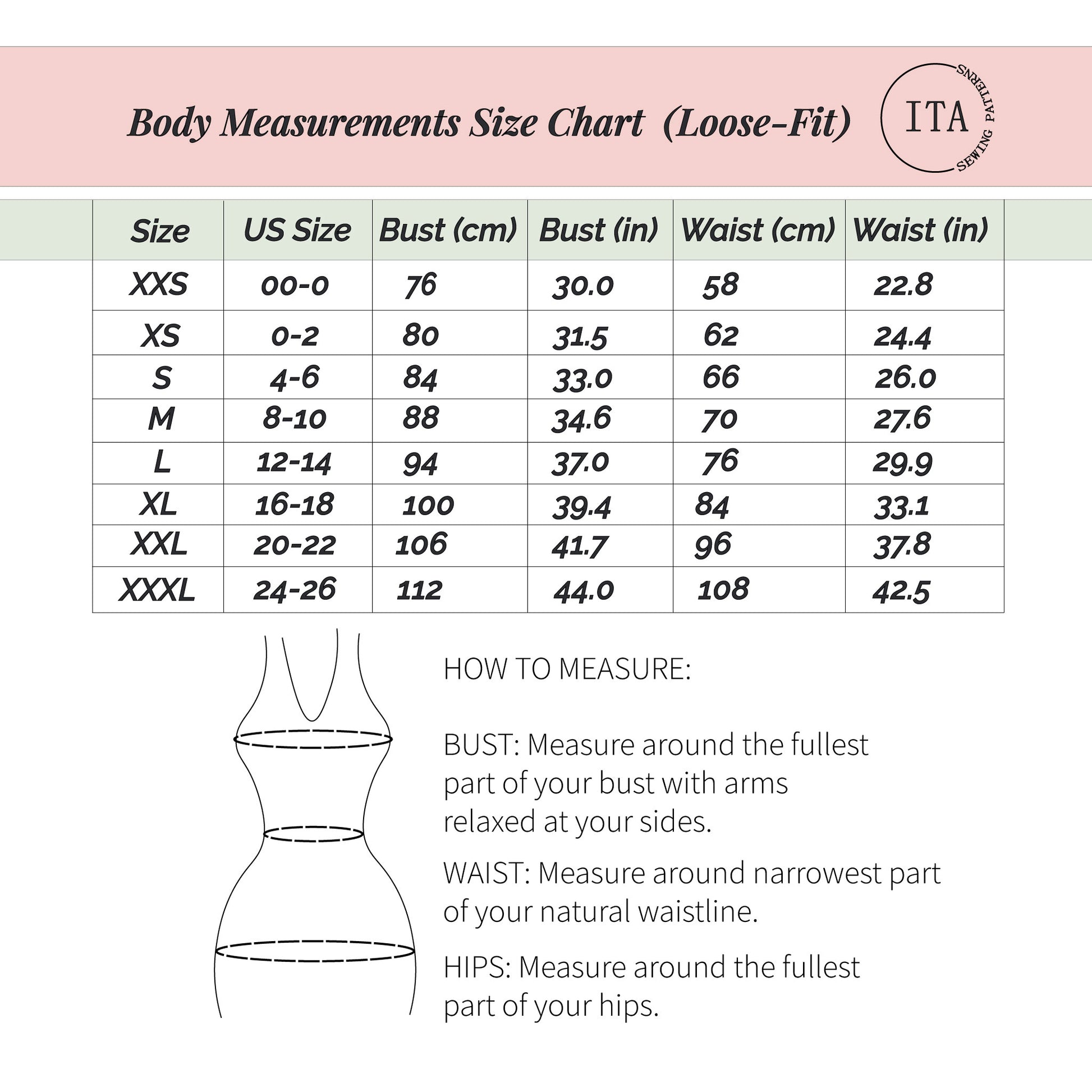 Body measurements size chart for the Lani front tie top sewing pattern with bust and waist measurements from XXS to XXXL