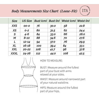 Body measurements size chart for the Lani front tie top sewing pattern with bust and waist measurements from XXS to XXXL