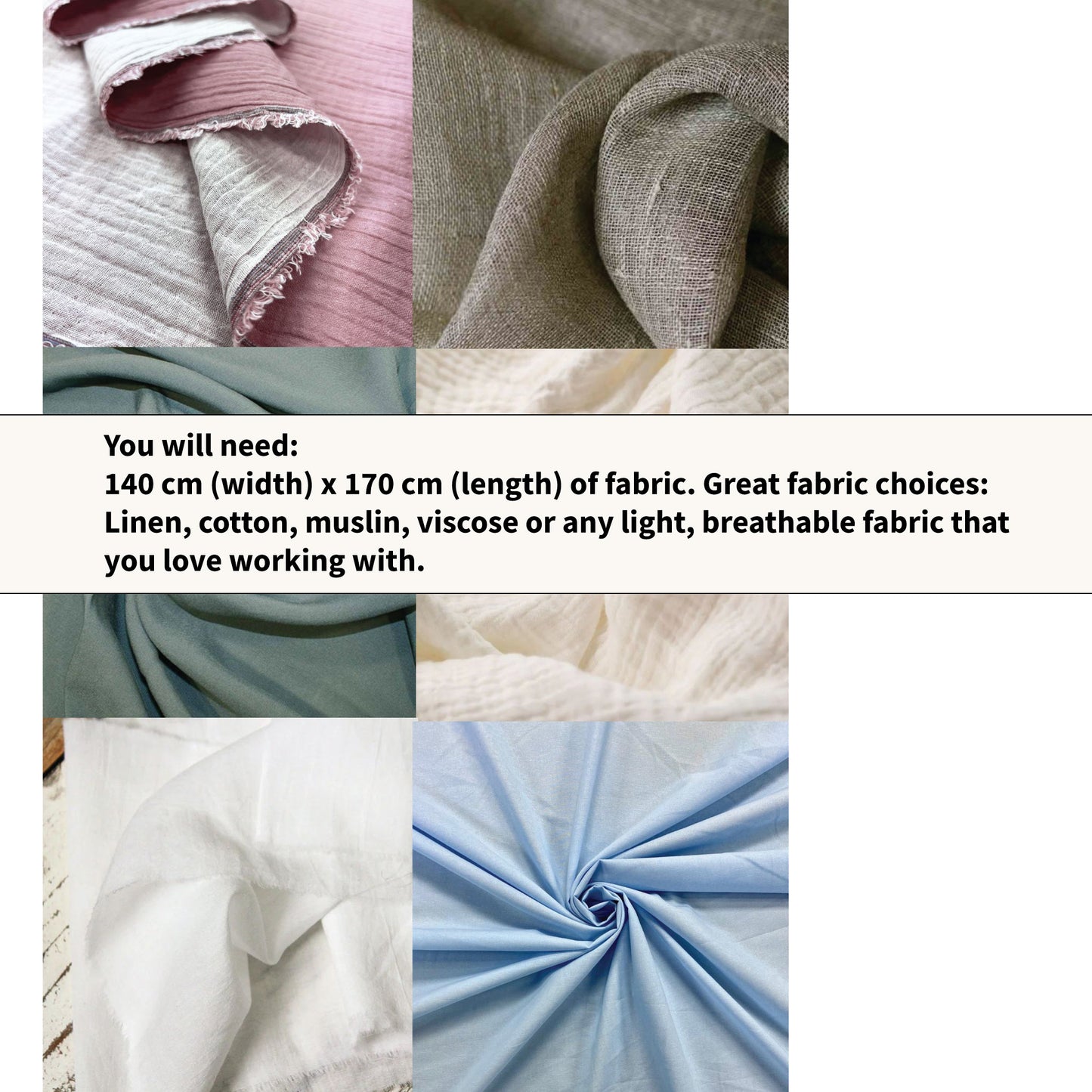 Recommended fabric choices for the Lani front tie top sewing pattern including linen, cotton, muslin, and lightweight breathable fabrics