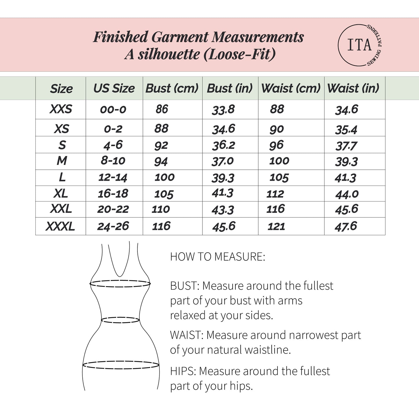 Finished garment measurements chart for the Lani front tie top sewing pattern showing bust and waist measurements in a loose fit