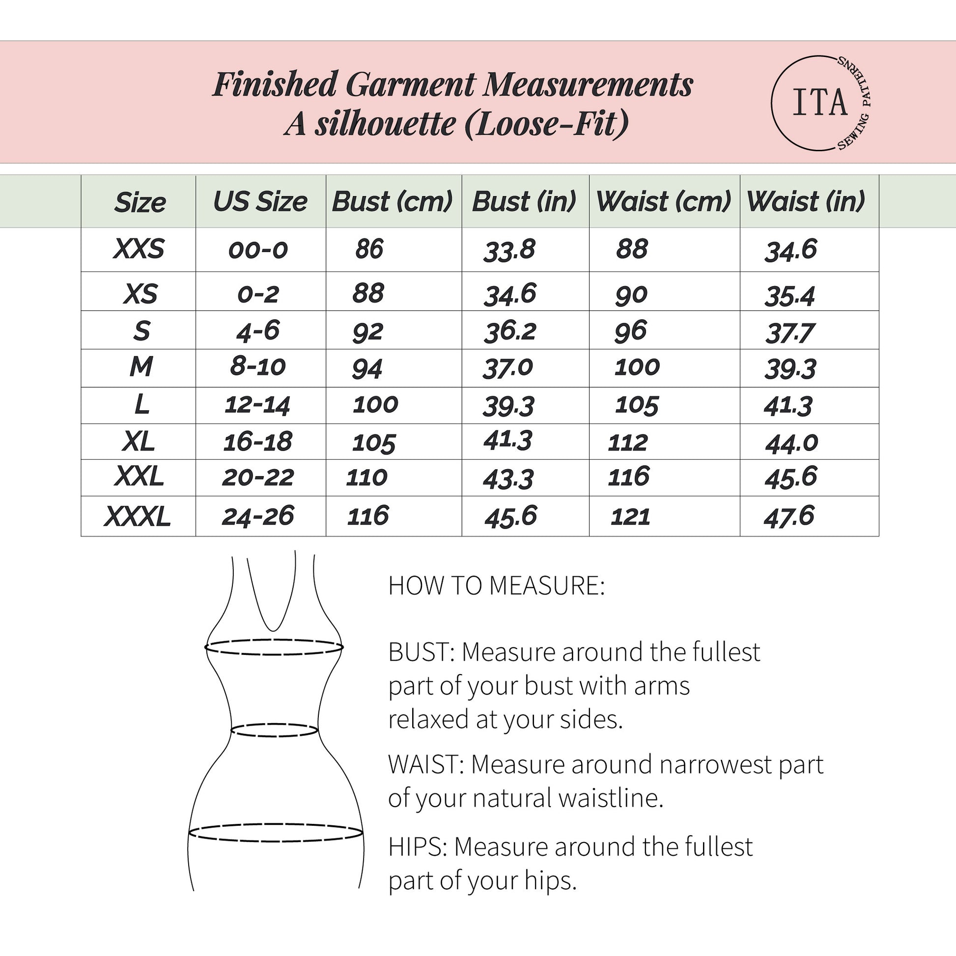 Finished garment measurements chart for the Lani front tie top sewing pattern showing bust and waist measurements in a loose fit