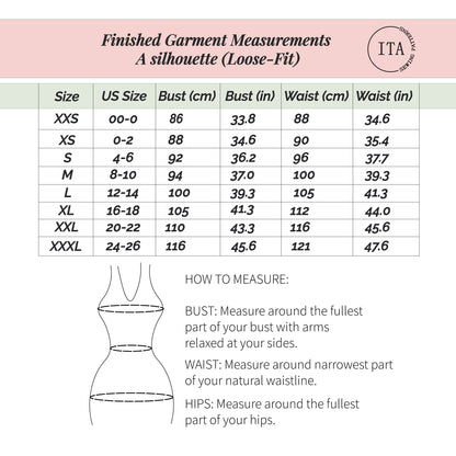 Finished garment measurements chart for the Lani front tie top sewing pattern showing bust and waist measurements in a loose fit