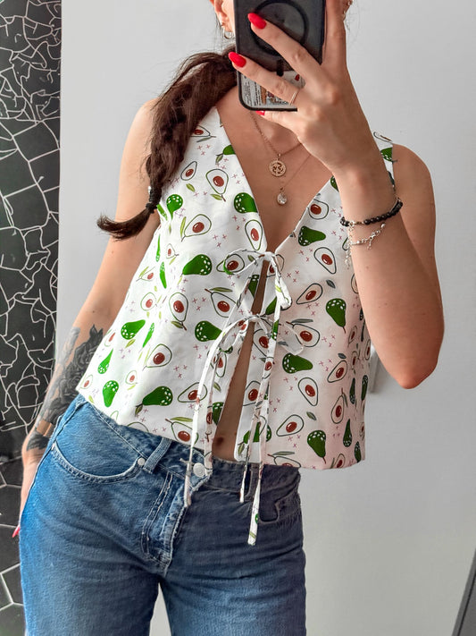 Finished Lani front tie top sewn in a printed lightweight fabric showing the front tie detail and relaxed fit