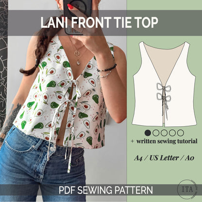 Lani front tie top sewing pattern shown with finished garment and illustrated top design