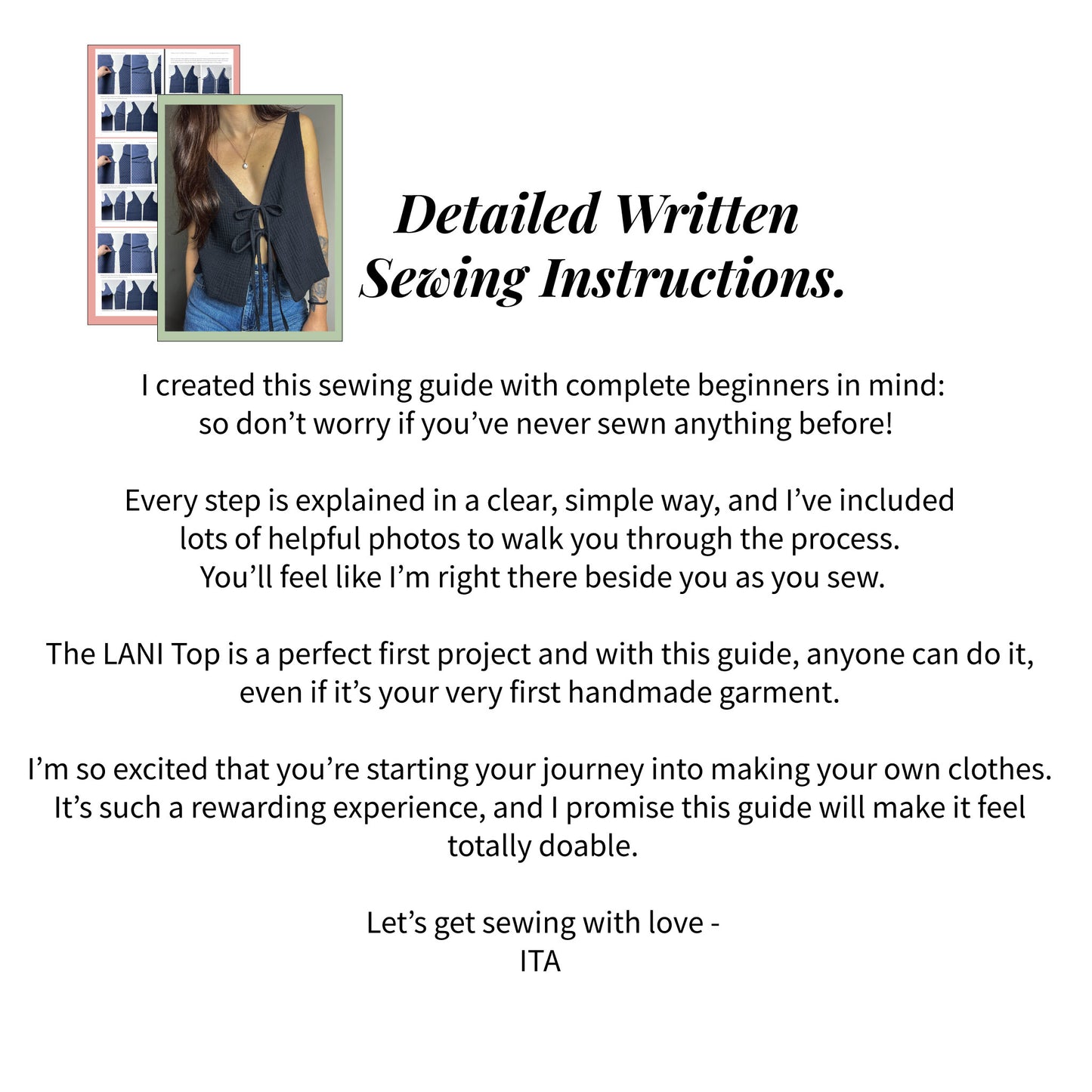 Overview of the detailed written sewing instructions included with the Lani front tie top sewing pattern