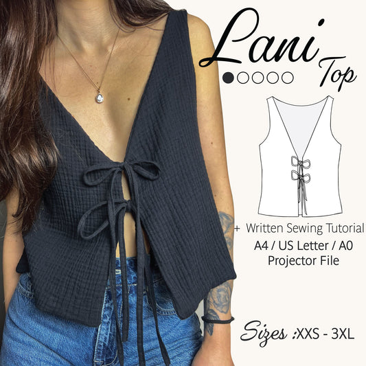 Front tie vest sewing pattern with two front ties. Beginner friendly with text overlays: written sewing tutorial, A4 / US Letter / A0 and projector file. Sizes: XXS-3XL.