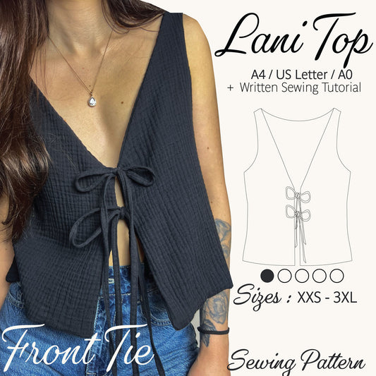 A promotional graphic for a sewing pattern of a sleeveless front-tie top. The left side shows a model wearing the dark gray textured top, while the right side features a line drawing of the top, size information (XXS-3XL), and text reading 'Lani Top' and 'Sewing Pattern'.