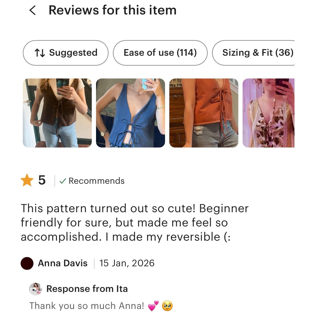 Client five star review about Lani top sewing pattern they love it and have left 5 stars and say they recommend this beginner friendly pattern.