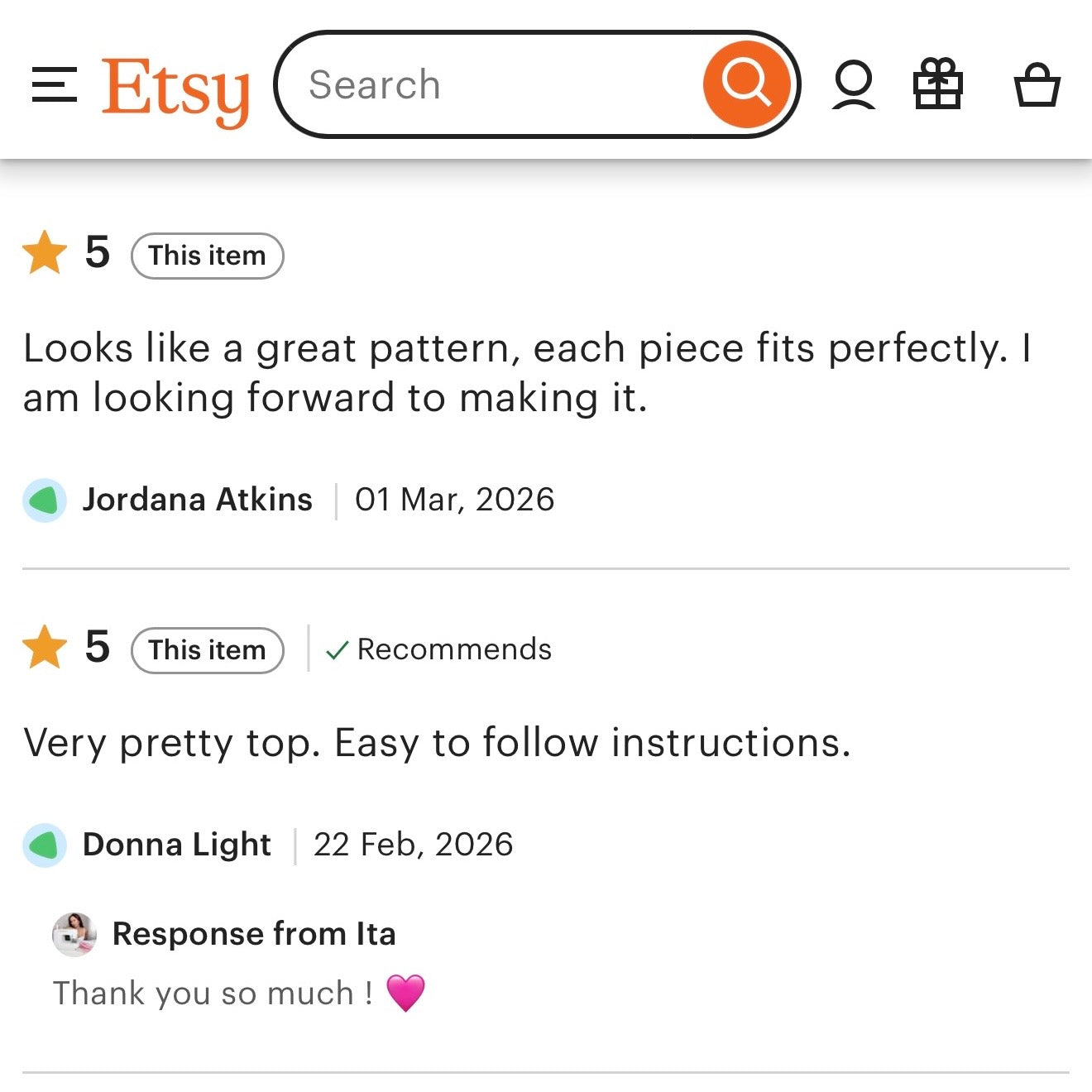Reviews 5 star for a sewing pattern Lani top by customers saying it was easy sewing pattern and they love the top. 