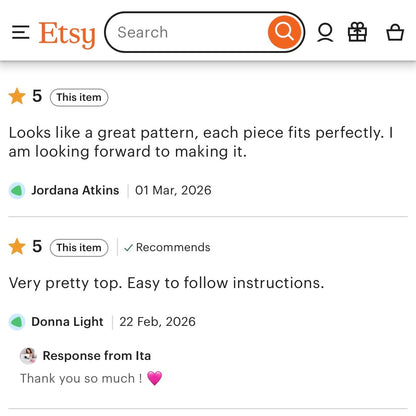 Reviews 5 star for a sewing pattern Lani top by customers saying it was easy sewing pattern and they love the top. 