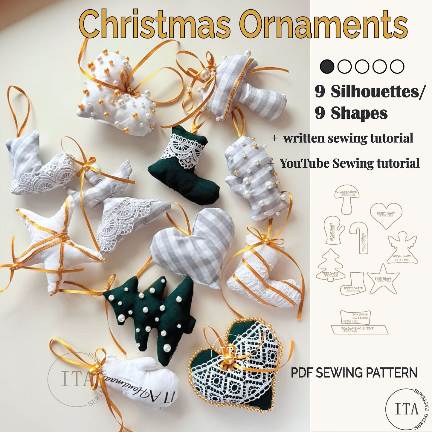Collection of Christmas ornaments with sewing pattern and tutorial information on a white background