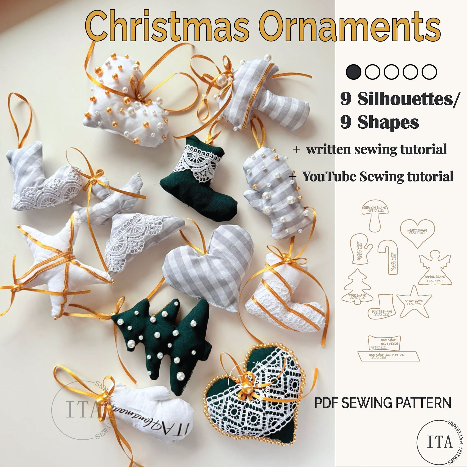 Collection of Christmas ornaments with sewing pattern and tutorial information on a white background