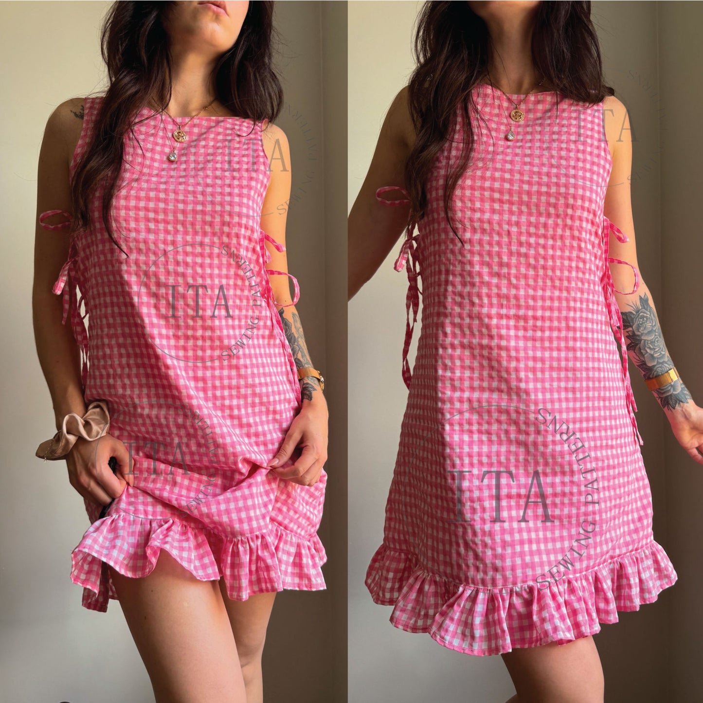 Pink checkered dress with ruffled hem worn by a person against a neutral background