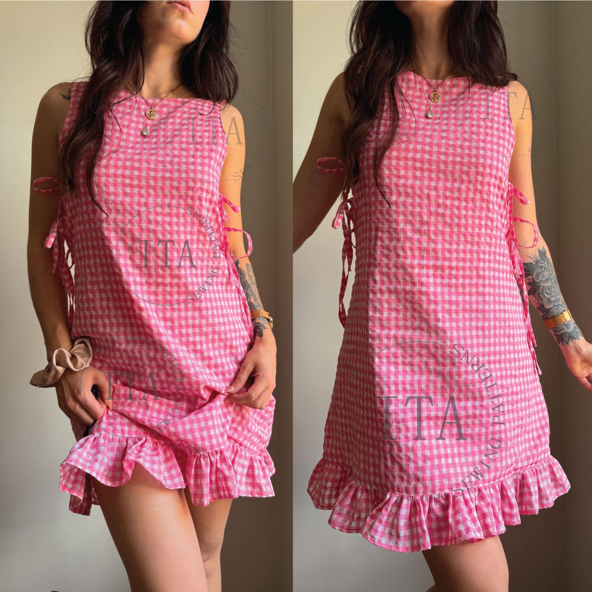 Pink checkered dress with ruffled hem worn by a person against a neutral background