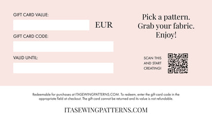 Gift card for ITA SEWING PATTERNS with fields for value, code, and validity on a pink background.
