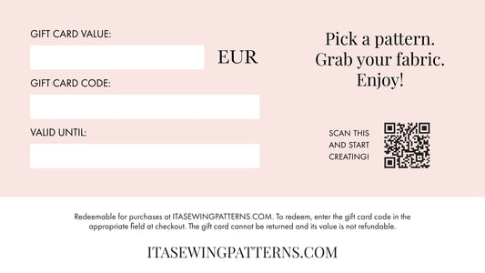 Gift card for ITA SEWING PATTERNS with fields for value, code, and validity on a pink background.