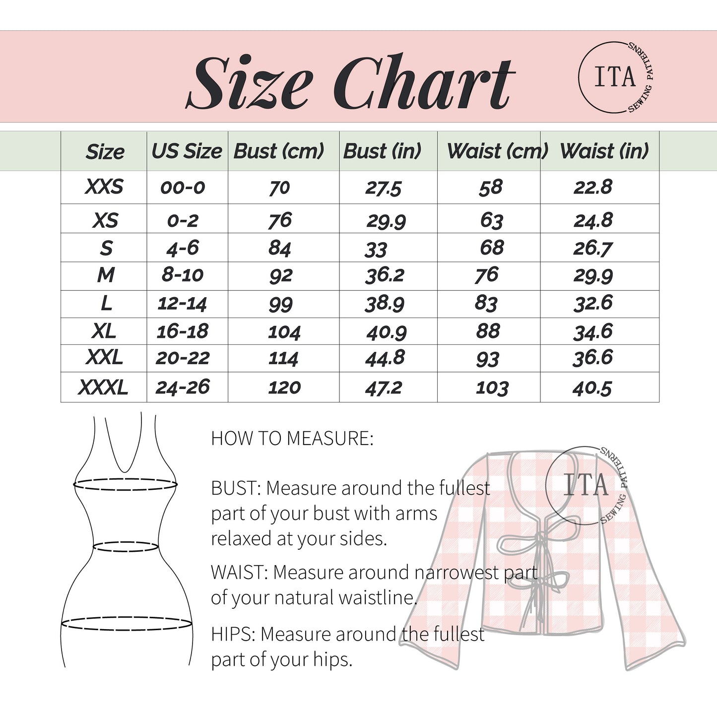 Size chart for clothing with measurements in centimeters and inches, including a diagram of how to measure bust, waist, and hips.