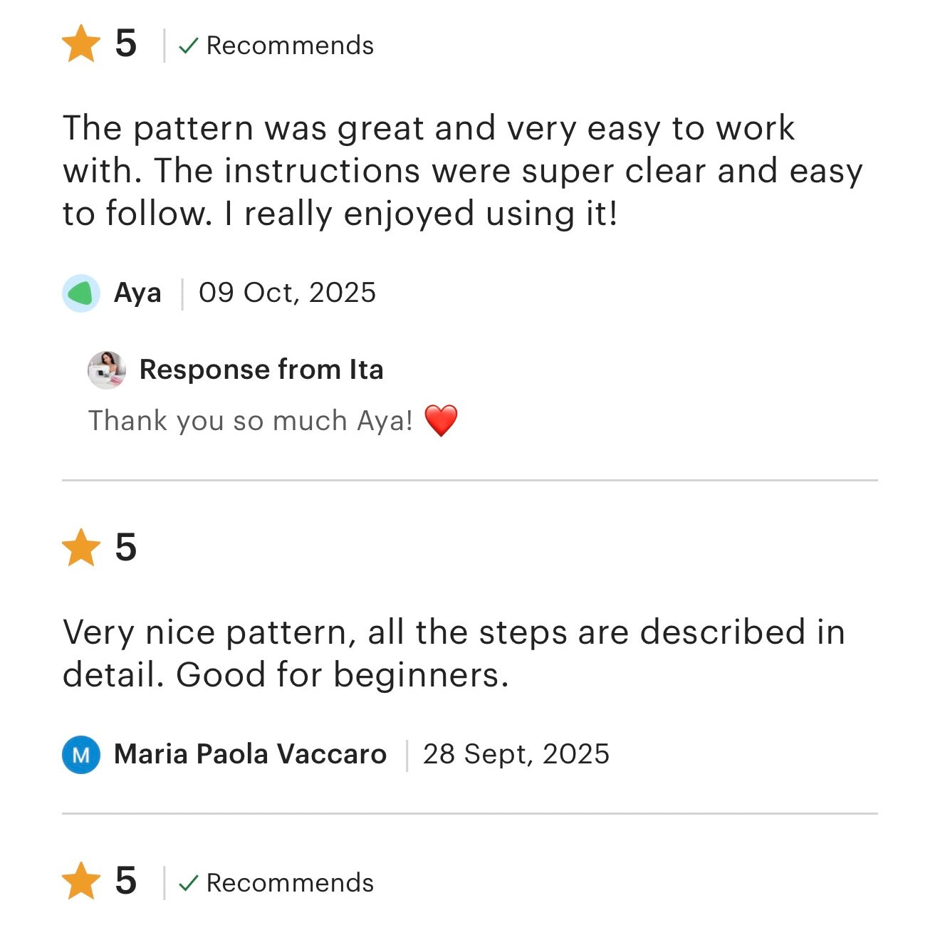 5 star reviews from users using Ita sewing patterns 