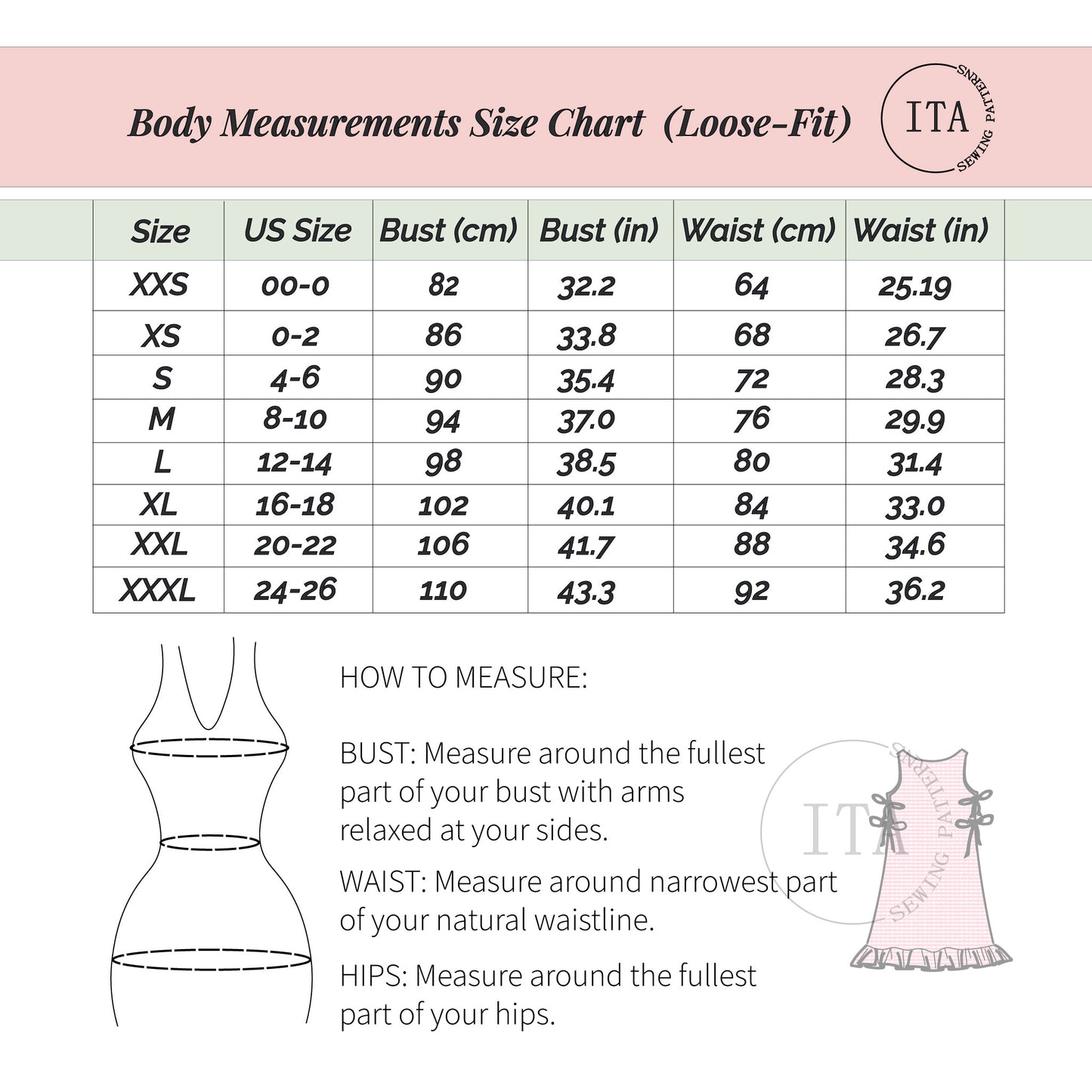 Body measurements size chart for loose-fit clothing with ITA logo